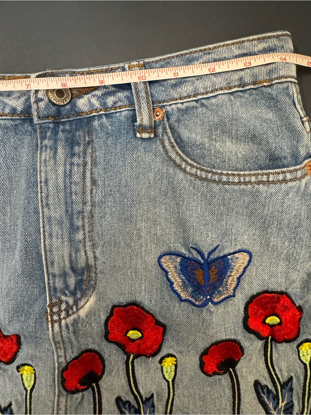 Signature Eight “Gucci” Inspired Denim Floral Embroidered Y2K Mini Skirt - Picture 6 of 7